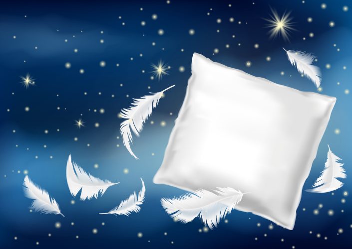 Vector 3d realistic illustration with white pillow and feathers isolated on blue night background. Mock up with soft cushion for comfortable sleep and sweet dreaming